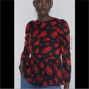 Zara Women’s Sheer Chiffon Black Red Floral Blouse Size Medium